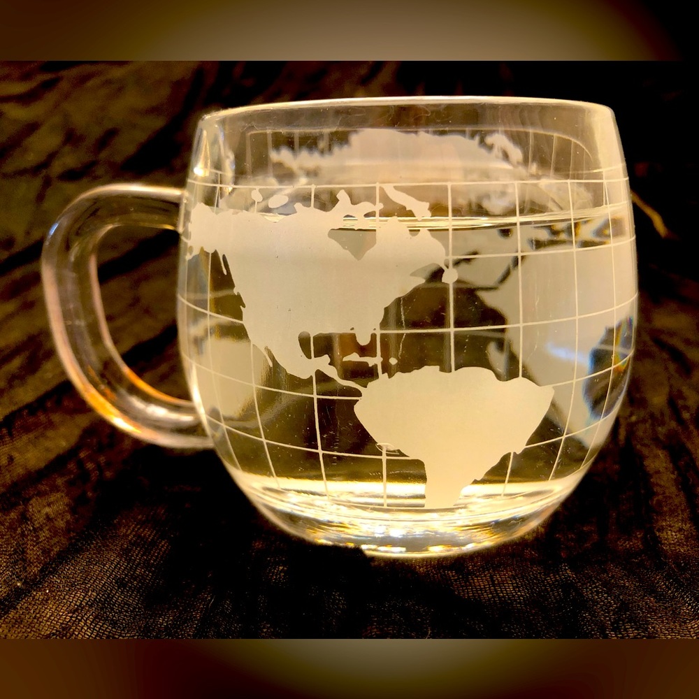 Nestle 8oz Coffee Cup Mug Clear World Map Globe Etched Glass Vintage 1970